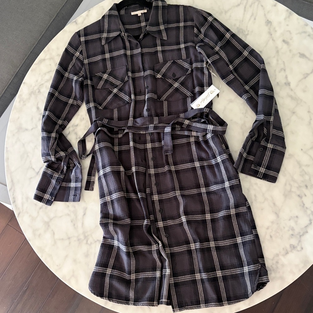 Gold Hawk Charcoal Plaid Shirt Dress;  SMALL  *NWT*